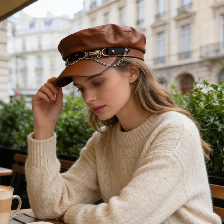 Trendy Style PU Leather Beret with Chain Detail Adjustable Size for Fashion Enthusiasts