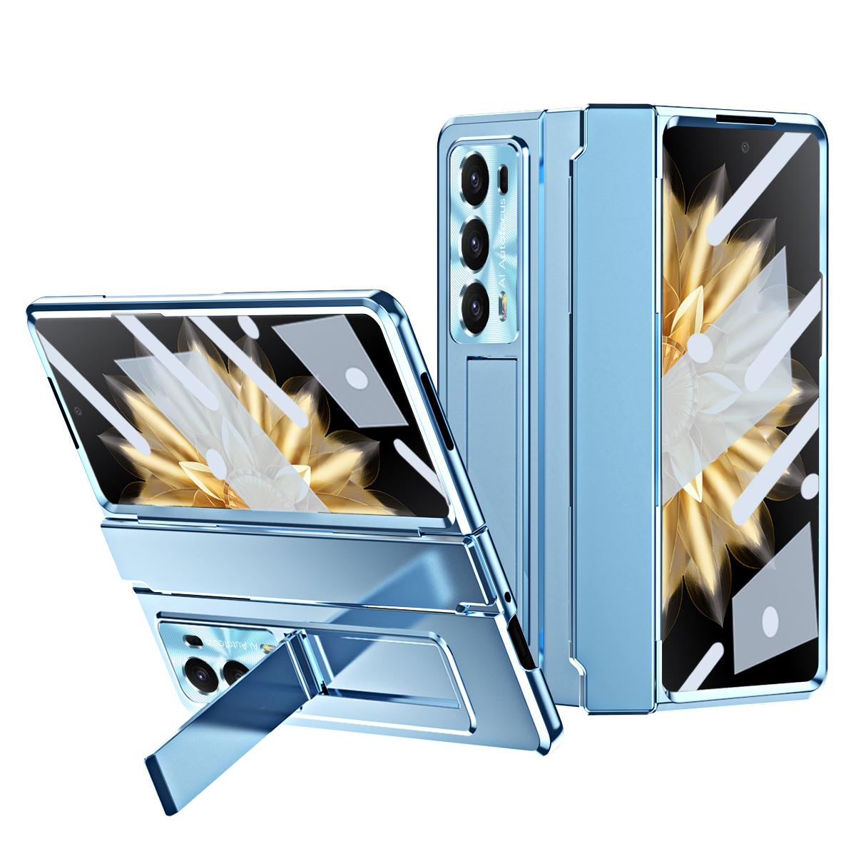 

For Honor Magic V2 5G Hinge Protection Hard PC Case Kickstand Phone Cover with Tempered Glass Screen Film Blue