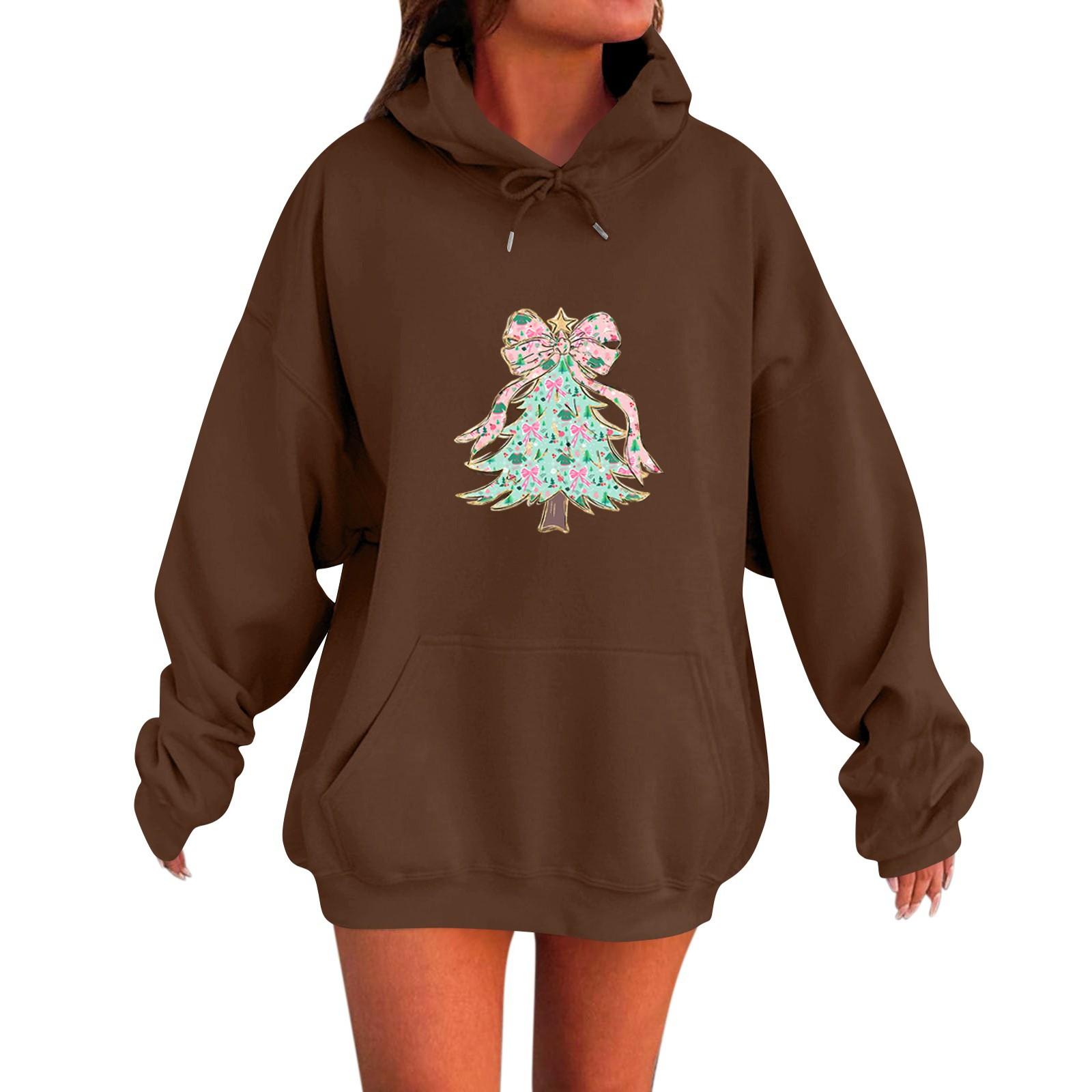 

Женская мода повседневная толстовка с длинным рукавом и круглым вырезом с принтом банта с капюшоном пуловер XXL кофейный