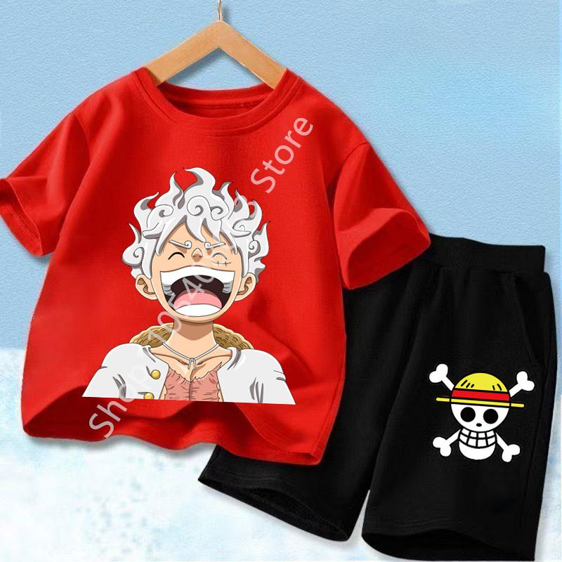 Ideal for Anime Fans, Comfortable and Fashionable Children's Clothing Cute One Piece Tony Tony Chopper Printed Kids T-Shirt Set