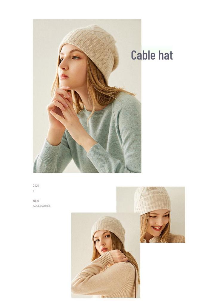 Women's 100% Pure Cashmere Cable Knit Hat, Autumn/Winter Korean Style Turban Hat - New Fashion Warm Hat