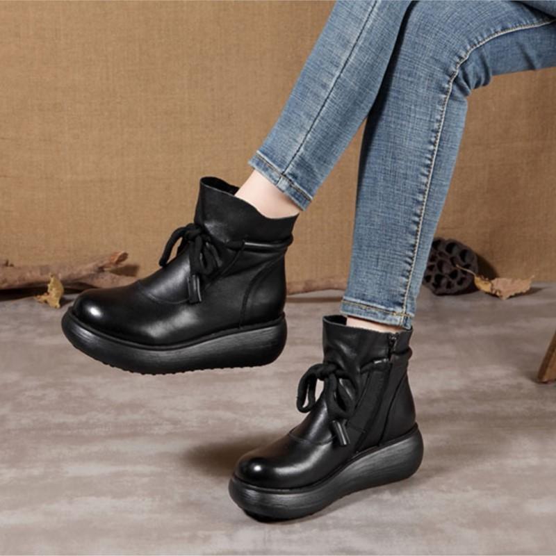 Johnature Genuine Leather Thick Soled Women's Wedges Short Boots Vintage Women's Platform Shoes