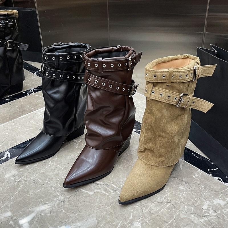 Fashion Autumn Mid-Cone Boots Fashion Pointed Toe Sleeve Non-Slip Wear-Resistant Block Heel