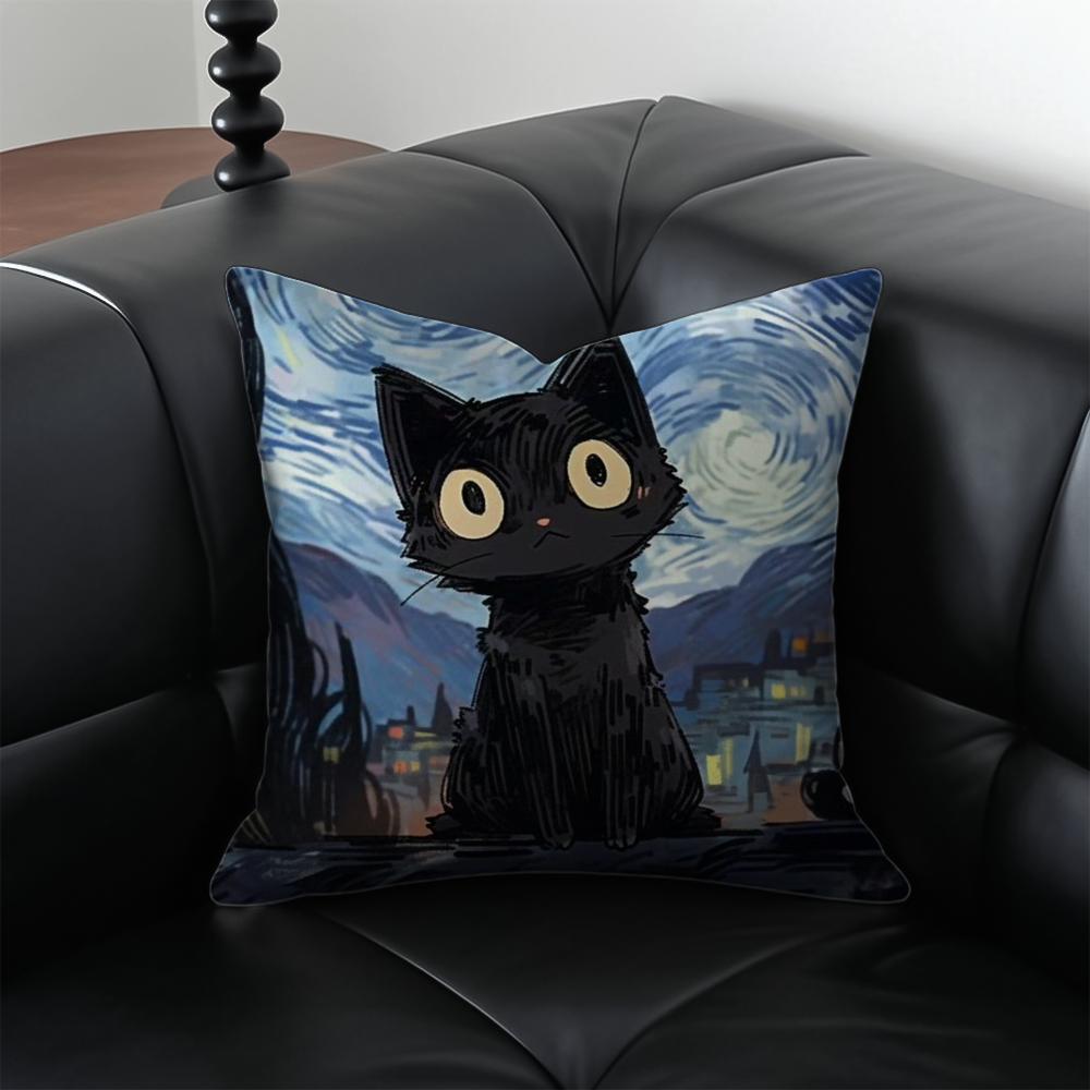 Van Gogh Starry Sky Kawaii Cat Cushion Cover Pillow Case Anti-Dustmite Invisible Zipper Silky Plush Cushion
