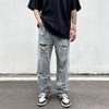 Ripped Jeans Men's European and American Vibe Style Ruffian Handsome Straight Trousers Summer American High Street Ins Retro Pants Tide