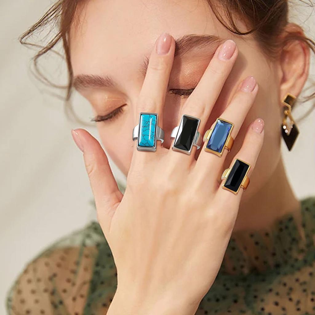 Vintage Turquoise Ring for Women, Stainless Steel Statement Ring with Nature Stone, Bohemian Jewelry
