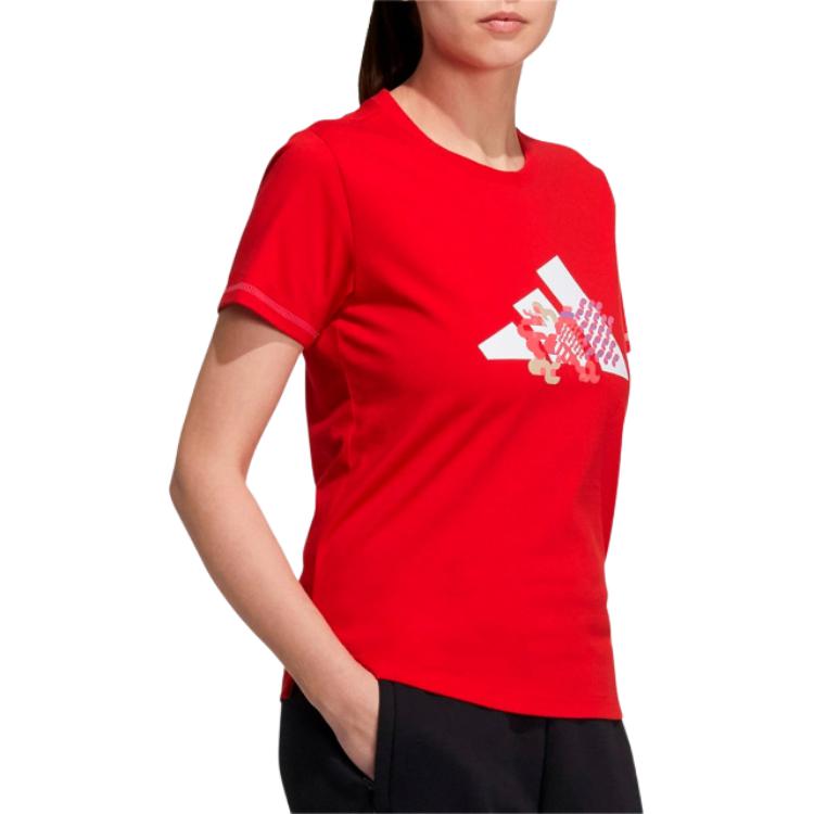 adidas Serie Cny T-shirt da Donna a Manica Corta Girocollo Stampata Tema Sportivo Stile Americano Vintage Rosso Chiaro GP0706