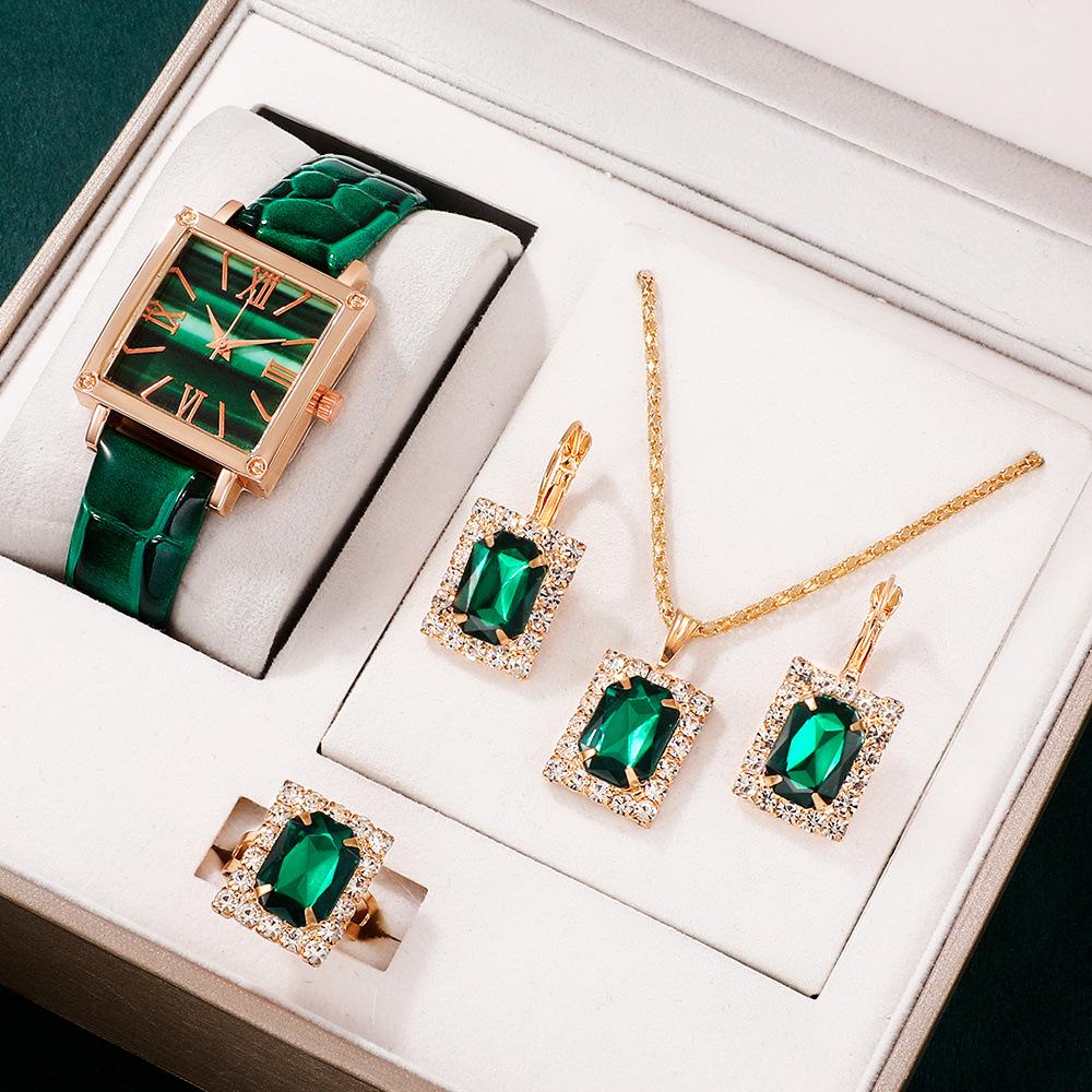 Square Roman Watch Gem Bracelet Set Square Belt Watch + Square Gem Bracelet Set