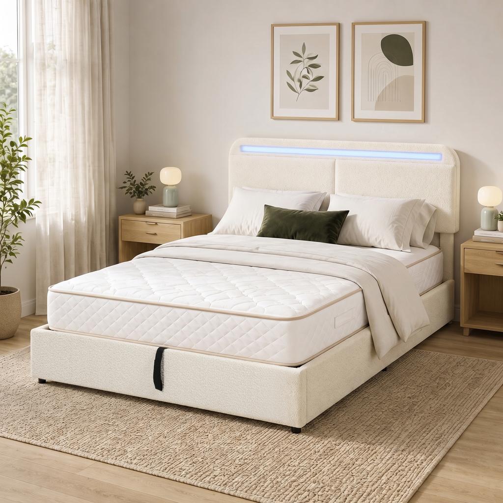 Lit Box 160 x 200 cm, RGB LED, Adjustable Head, Double Upholstered Velvet Bed Frame, Hydraulic Storage, Cream