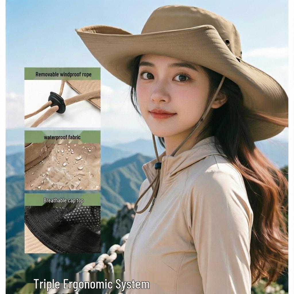 Unisex Japanese Style Wide Brim Drawstring Bucket Hat for Sun Protection - Breathable Denim for Hiking and Climbing.