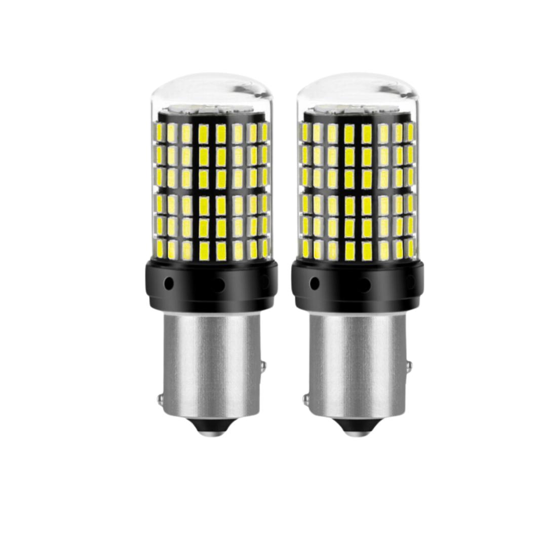 P21/BAY15D 1157 Светодиодная лампа заднего/тормозного фонаря, 144SMD, 12 В, двойная функция, смещенный штифт на 15°, янтарный/белый/красный, подходит для Toyota, Honda, Ford, Chevrolet 1157, 2-Pack белый