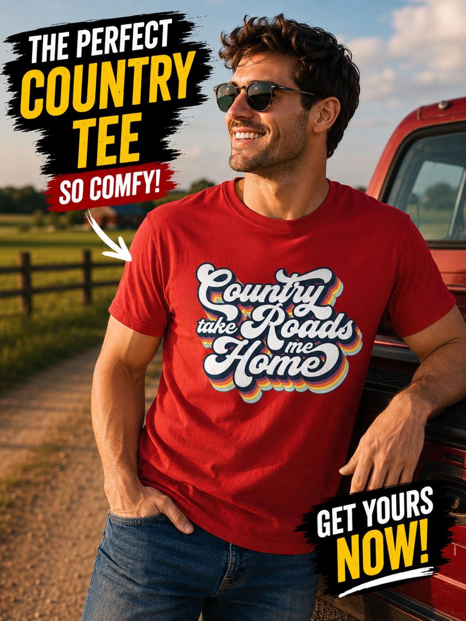 Country Roads Take Me Home T-Shirt | Retro Rainbow Script L