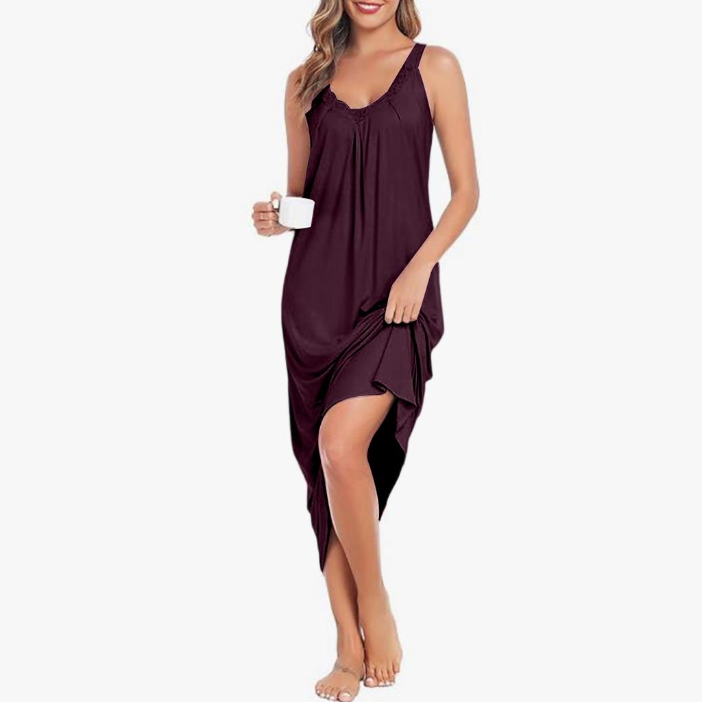 Women's Soft Long Elegant Lace V-Neck Home Clothes Sexy Loose Sleeveless Casual Dress