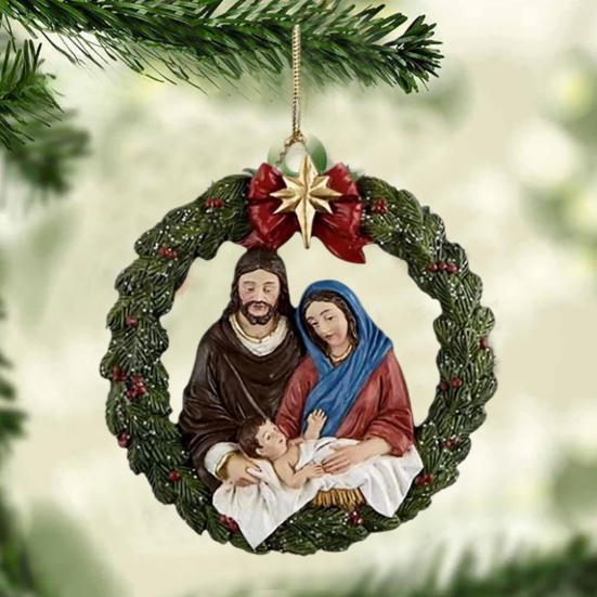 Christmas Nativity Acrylic Hanging Decoration with Lanyard Holiday Festival Hollow Round Xmas Tree Birth of Jesus Pendant Party Supplies Gift KTY