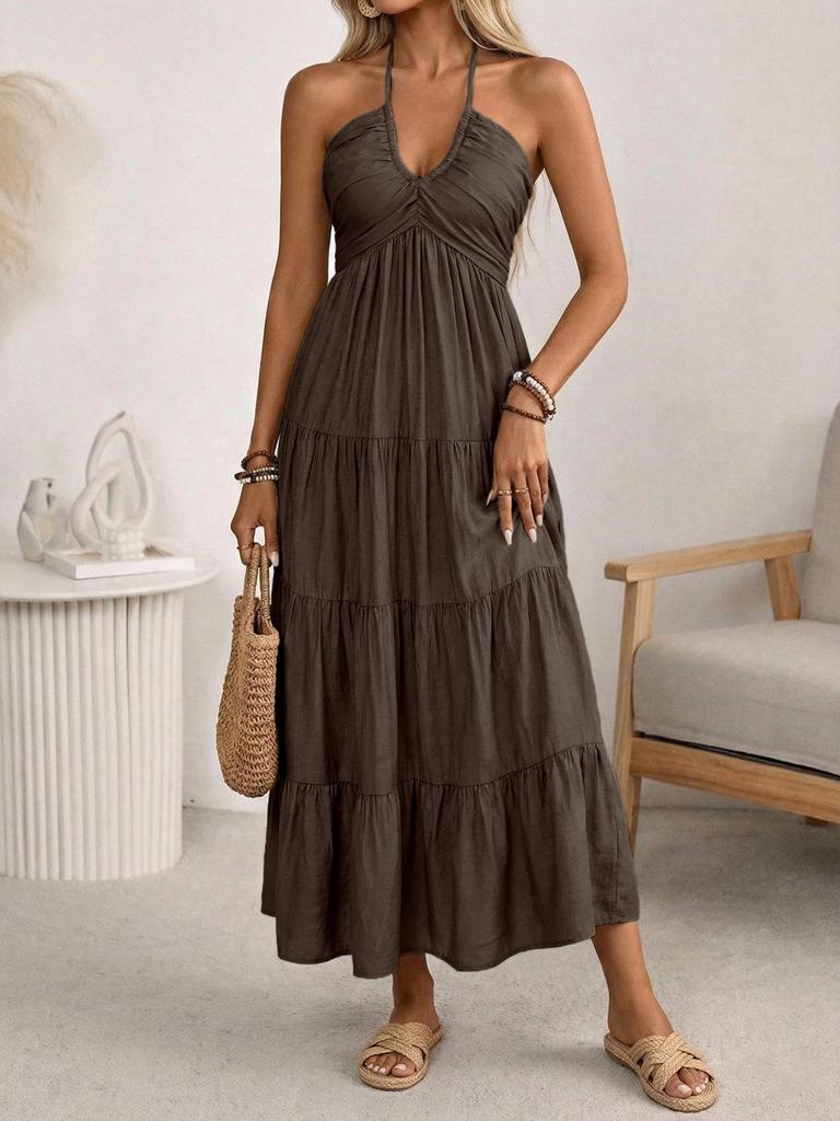 2026 Casual Holiday Halter Solid Color Multi-Layer Cake Dress