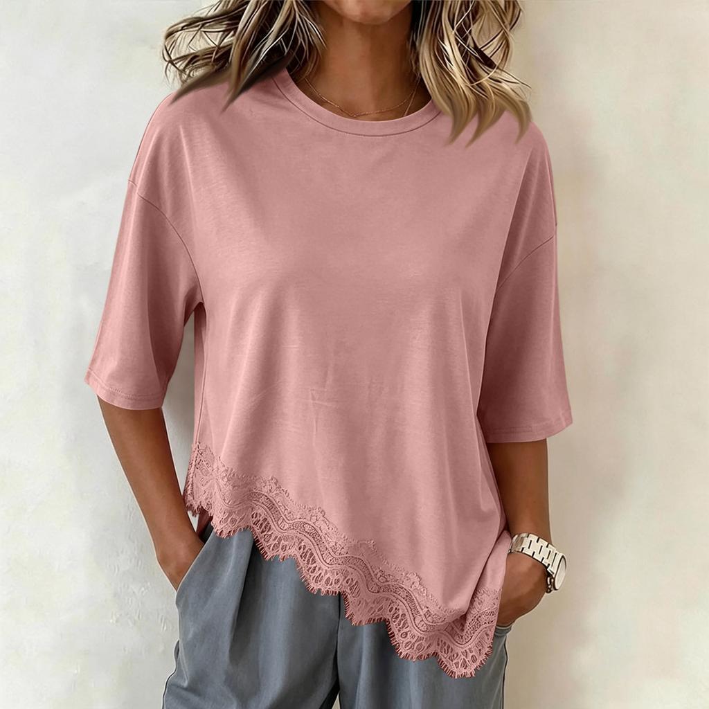 Women's Short Sleeve Lace Trim T-Shirt with Asymmetrical Hem