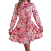 Elegantes A-Linien-Rüschenkleid mit floralem Muster, Stehkragen und tailliertem Bund für Herbst/Winter