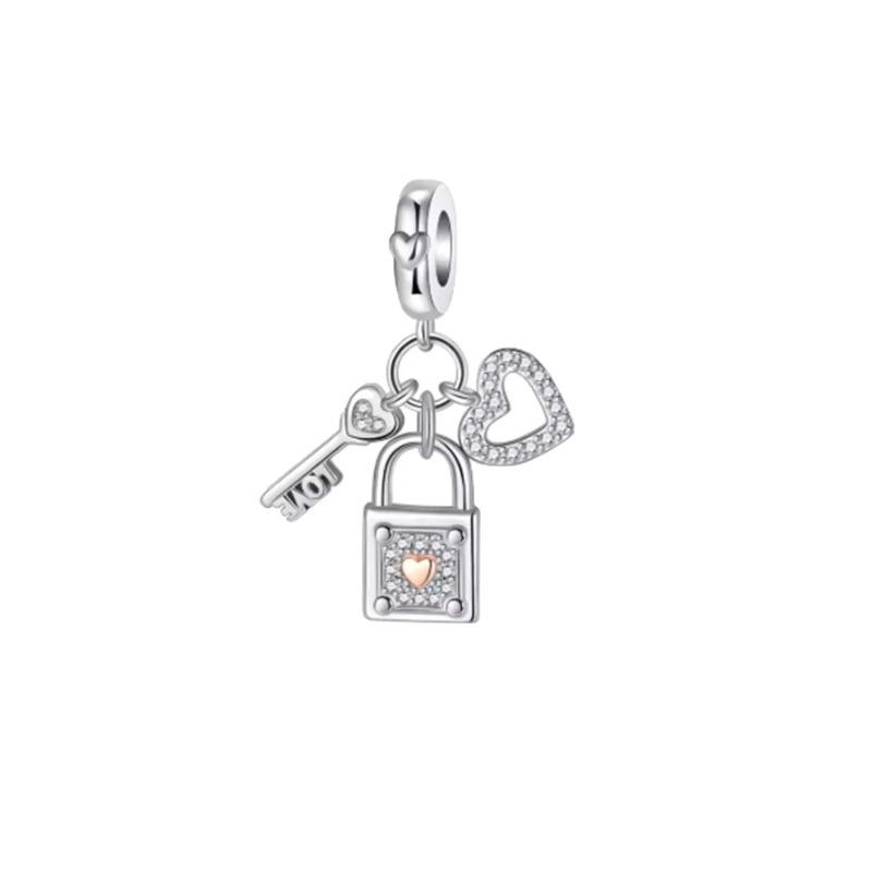 925 Silver Heart Lock Key Charm Pendant for Bracelet Jewelry DIY Gift Dangle Beads Keychain