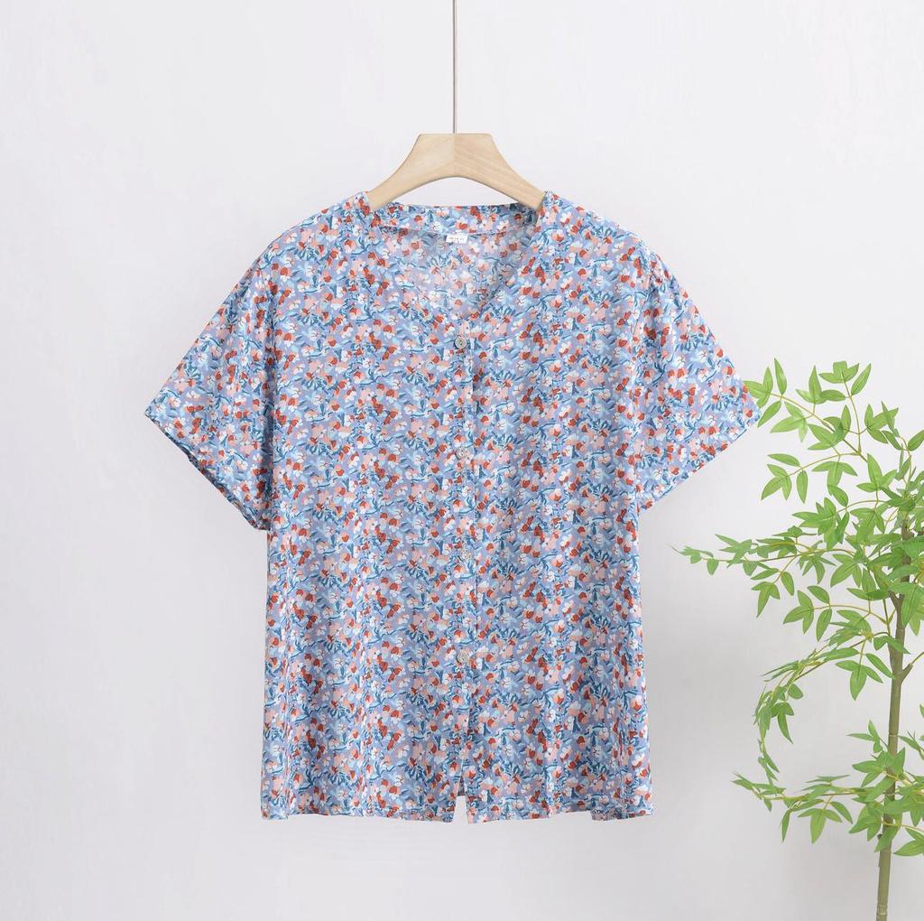 2025 Summer Floral Print V-Neck Button Short Sleeve Loose T-Shirt