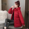 Winter Down Coat Thickened Padded Hooded Pockets Zipper Closure Drawstring Mid Length Windproof Heat Retention Daily Cold Weather Outwear Cotton