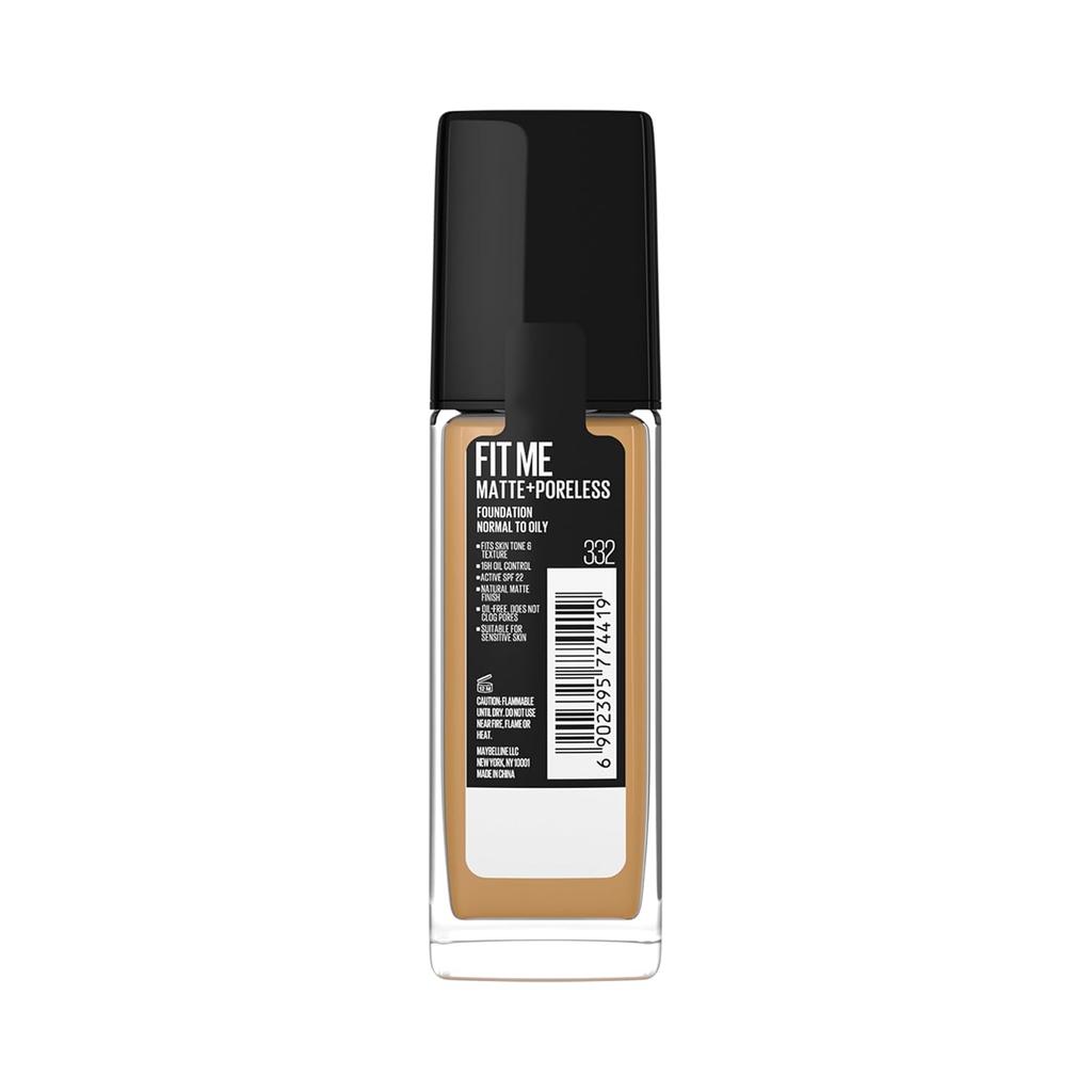 Maybelline New York Fit Me Matte + Poreless Liquid Foundation 30ml SPF 22 Oil Control for Normal Oily Skin 332 Golden Caramel