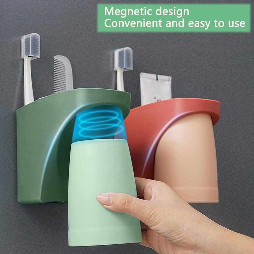 Toothbrush Cup Holder Toothpaste Holder Wall Mount with Self-draining Design & Magnetic Cup Space Saver & Easy Installation