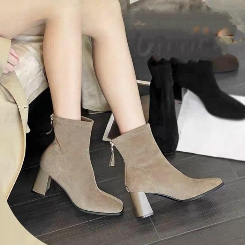 High-heeled Pointed-toe Ankle Boots for Women, Fleece New Autumn and Winter Boots, and Chunk-heeled Shoes