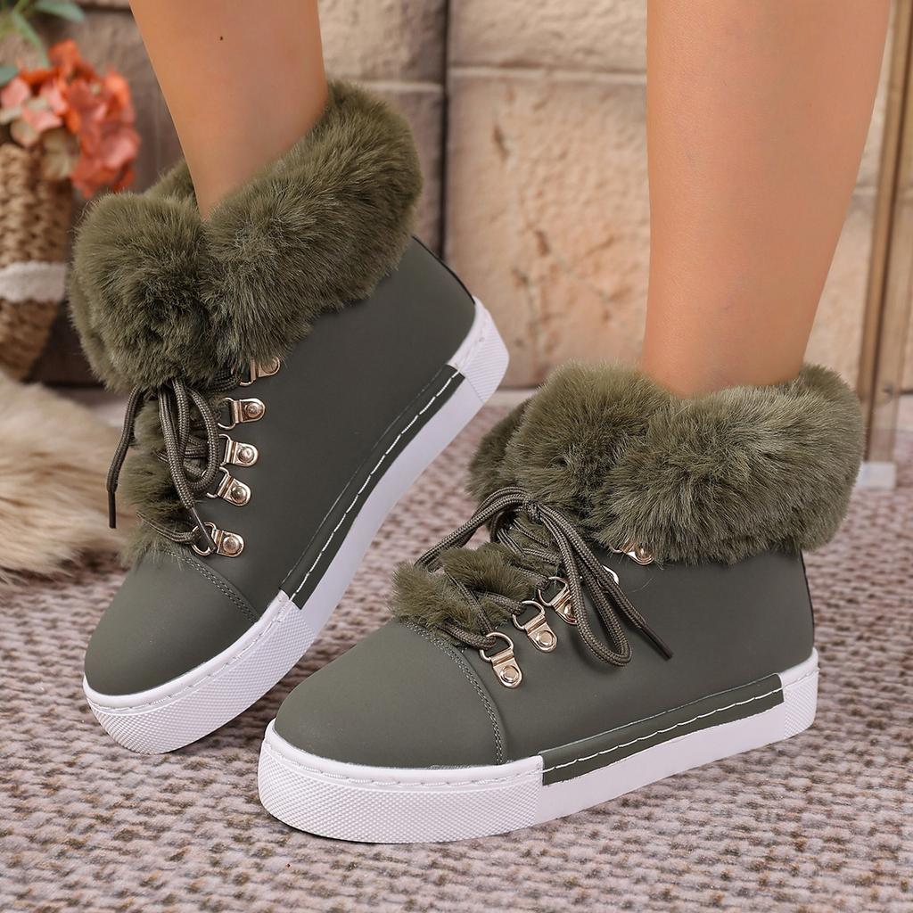 Fashion Lace Up Furry Casual Shoes Women 2025 Winter Warm Short Plush Flat Heel Ankle Boots Fluffy Fur Comfort Non Slip Woman's Sneakers