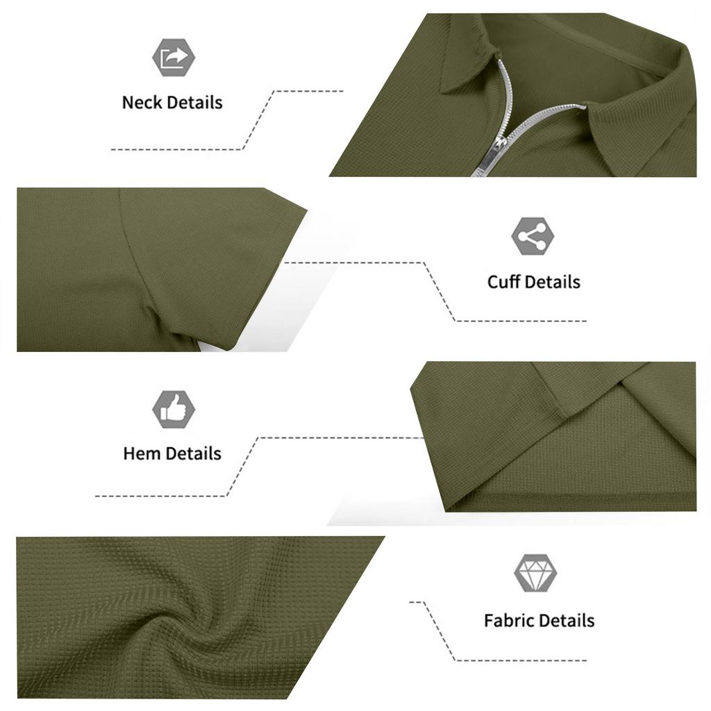Men's Summer Breathable Waffle Knit Casual Loose Fit Two Piece Set Short Sleeve Polo Shirt with Zipper and Matching Shorts