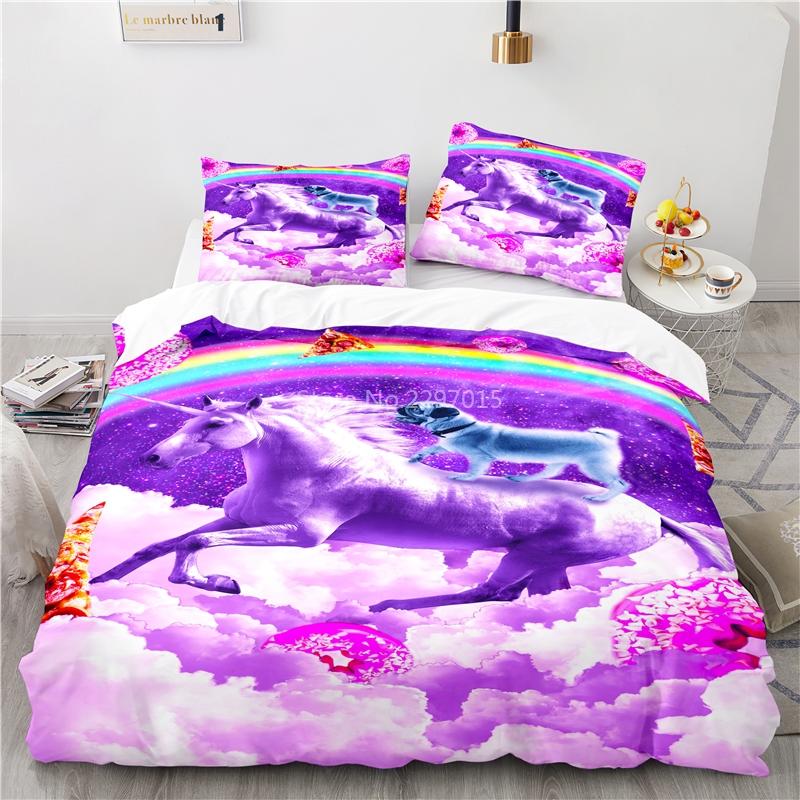 Cute Unicorn Pattern 3d Bedding Set Bed Linen 2/3pcs Blue Duvet Cover Set with Pillowcase Twin Full Queen King Size Home Textile