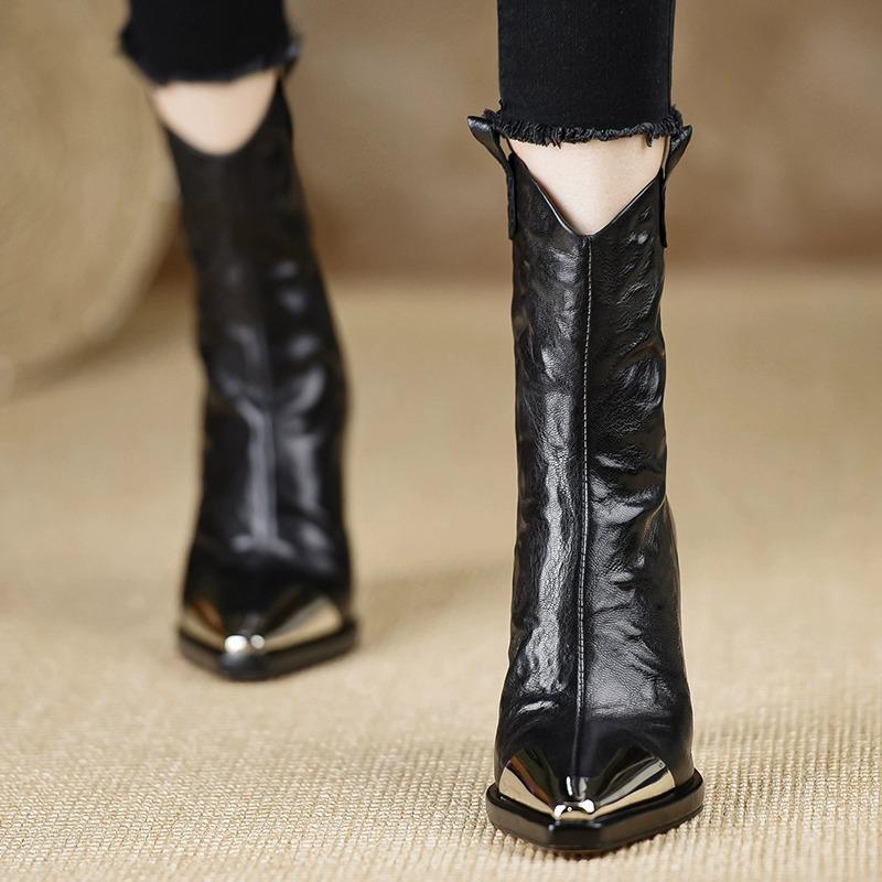 Martin boots women's 2025 autumn and winter new thick-soled waterproof table pointed short boots temperament metal head thick heel fashion boots