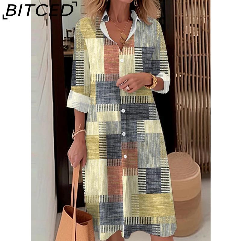 BITCED Women Fashion Spring Autumn Color Block Print Long Sleeve Polo Collar Loose Waist Casual Dresses