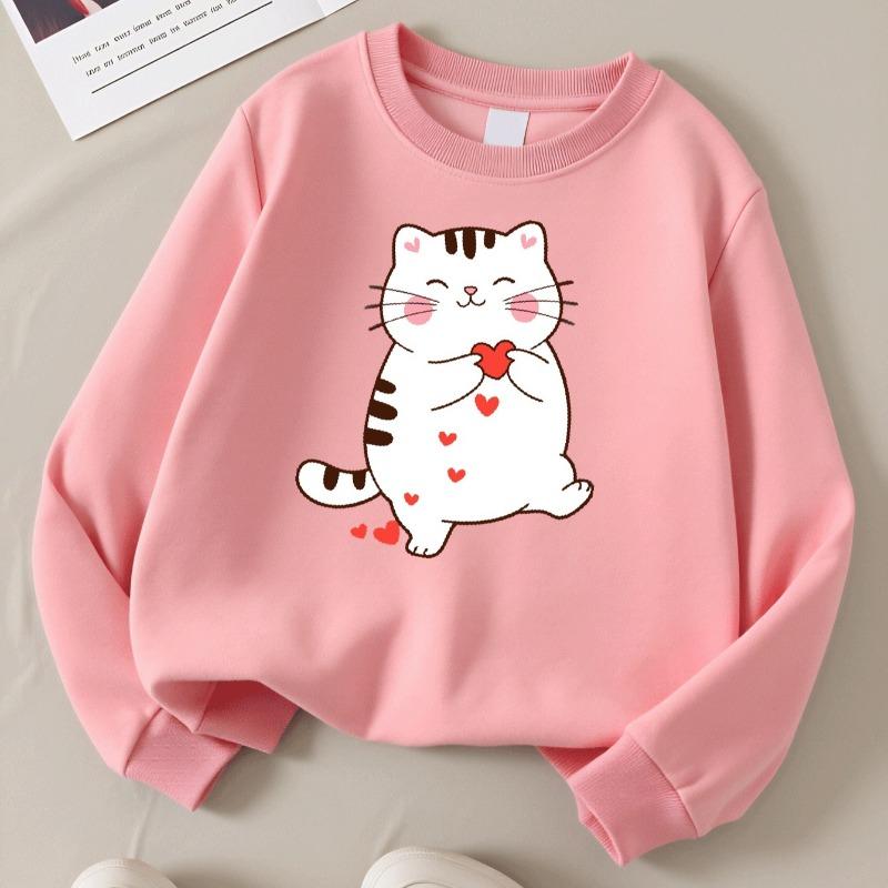 Kids Crewneck Long Sleeve Sweatshirt,Cute Cartoon White Kitten Holding Hearts Graphic Print