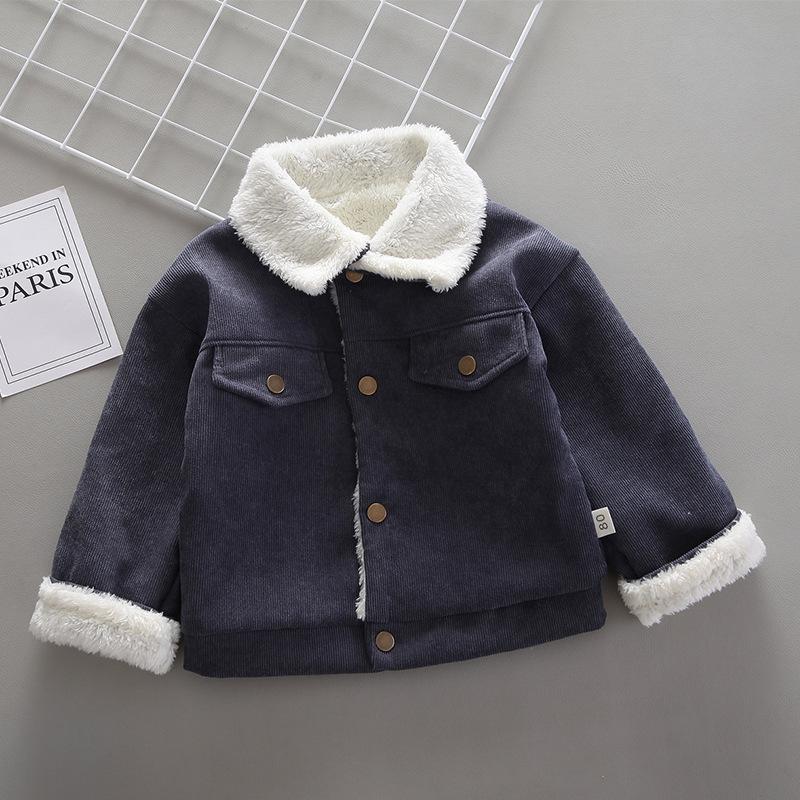 Boys' Fleece-Lined Plaid Cotton Jacket - Korean Style, Single-Breasted, Solid Color