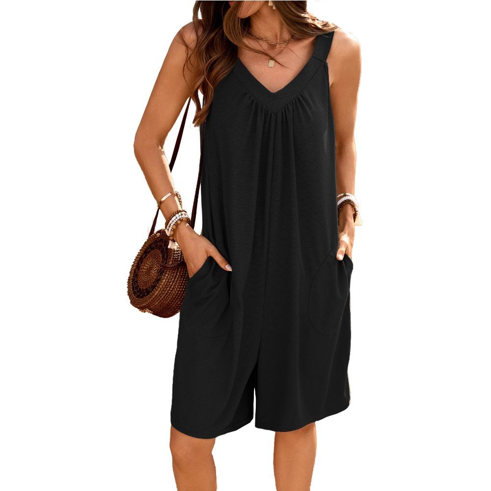 Summer New Solid Color V-neck Loose Pocket Sleeveless Jumpsuit