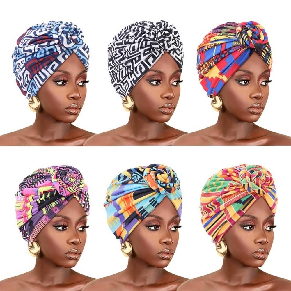 Fashion Floral African Knot Turban Beanie Pre Tied Front Knot Elegant Head Wrap Women Chemo Cap Elastic Bandana Headwear