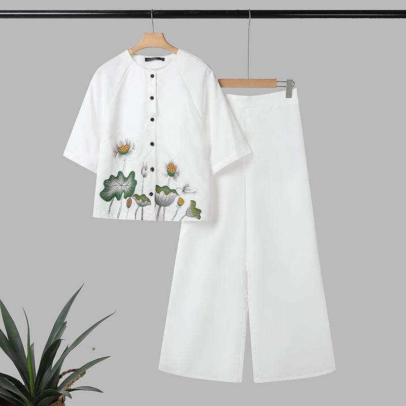 

ZANZEA Women Half Sleeve Print Blouse and Pants Summer Two Piece Suit Sets S белый