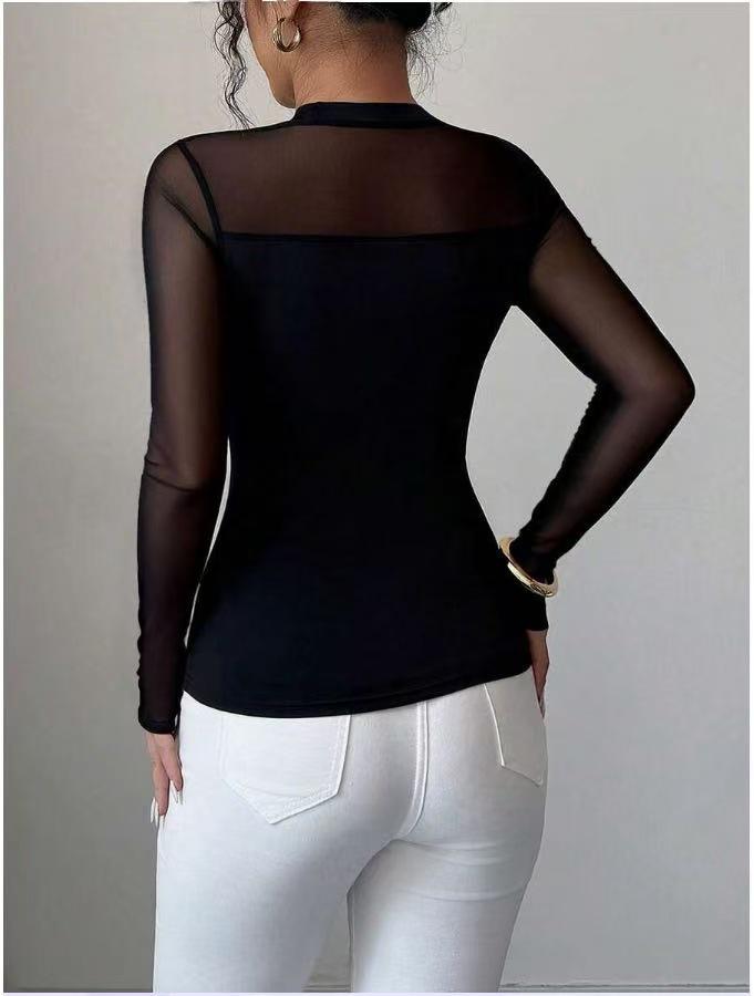 2025 Elegant Women's Solid Color Patchwork Slim-fit Long Sleeve Top for Autumn/Winter