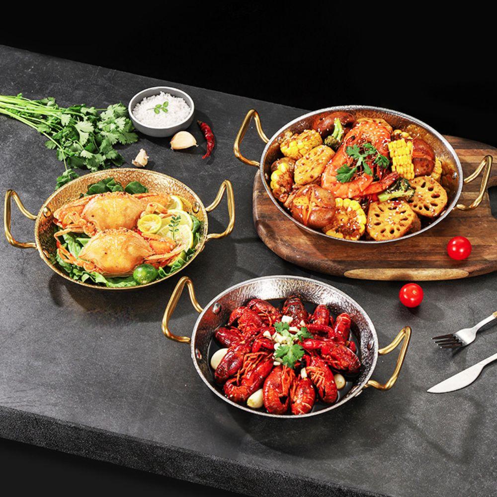 Nerezová pánev na paellu s texturou kladiva na mořské plody, dvouuchá rukojeť, zesílený hrnec na rýži s mořskými plody, ploché dno, zlatá/stříbrná polévková nádoba