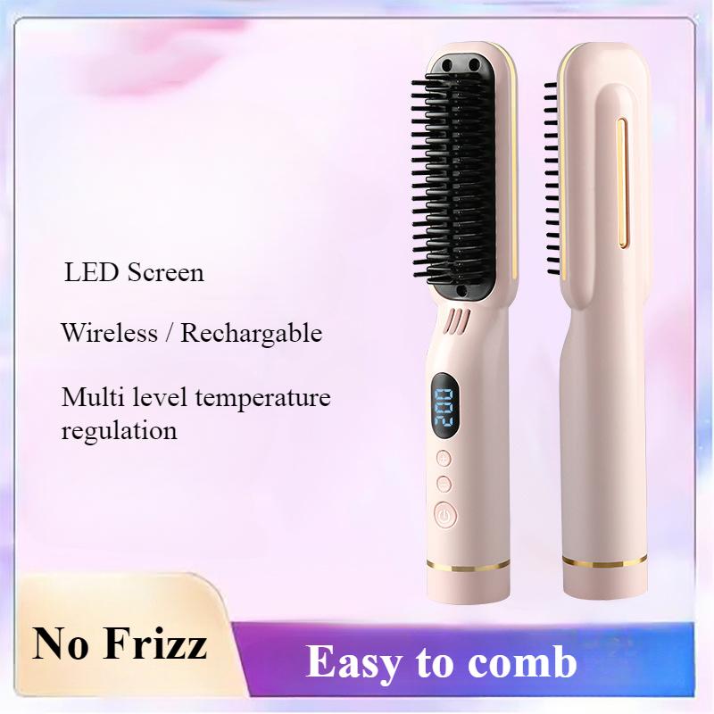 Wireless Hair Styler Negative Ion Hair Straightener Comb & Curling Comb Damage-Free Voluminous LED Screen Rechargeable Hot Comb