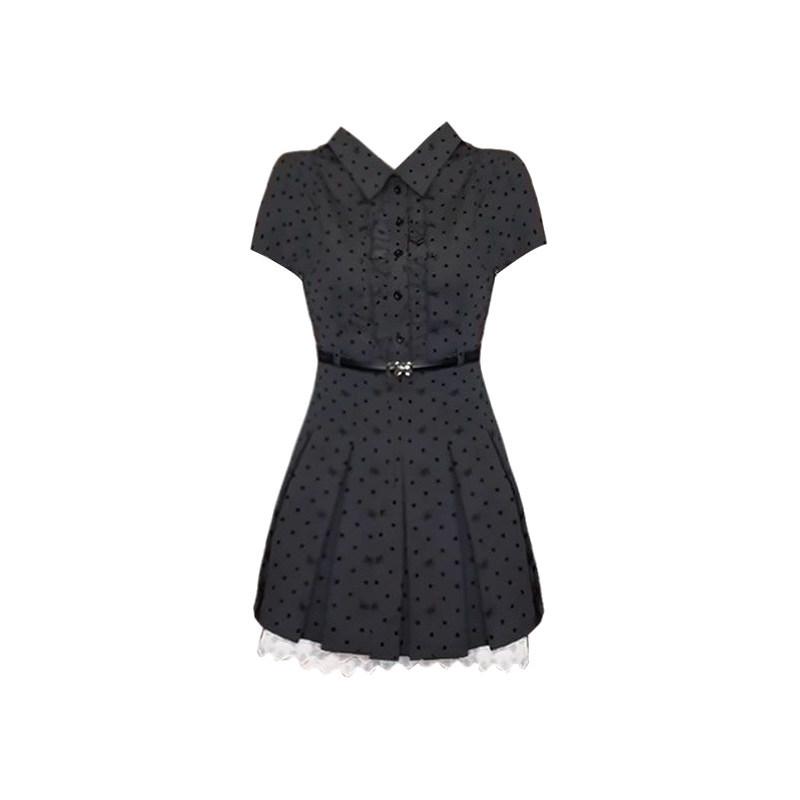 Gray Fake Two-piece Polka Dot Short-sleeved Dress Women's Summer College Style Wear Waist and Thin A-word Short Skirt Women's Clothing