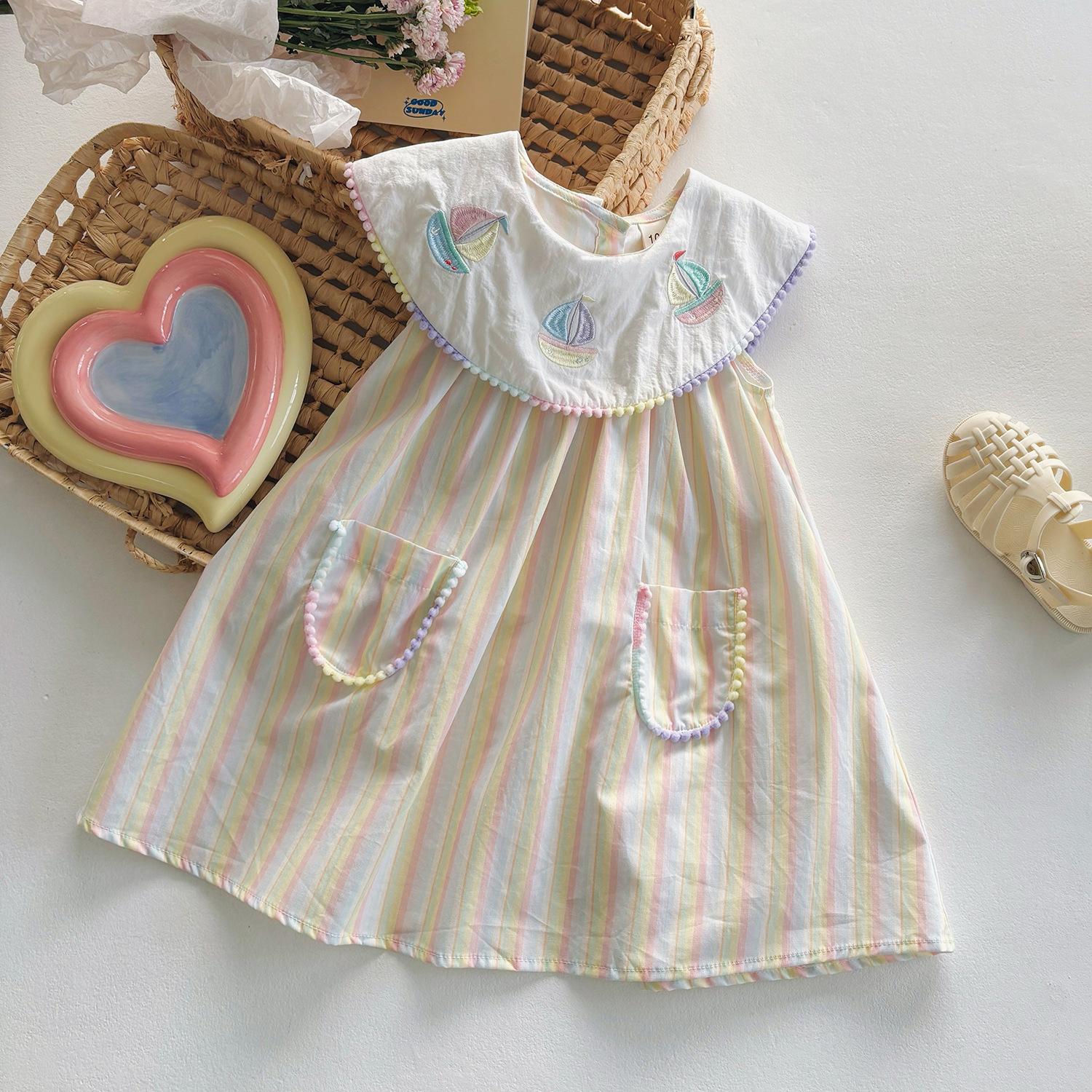 Girls Summer Nautical Striped Sleeveless Dress Colorful Sailboat Embroidery Preppy Children Skirt 130cm