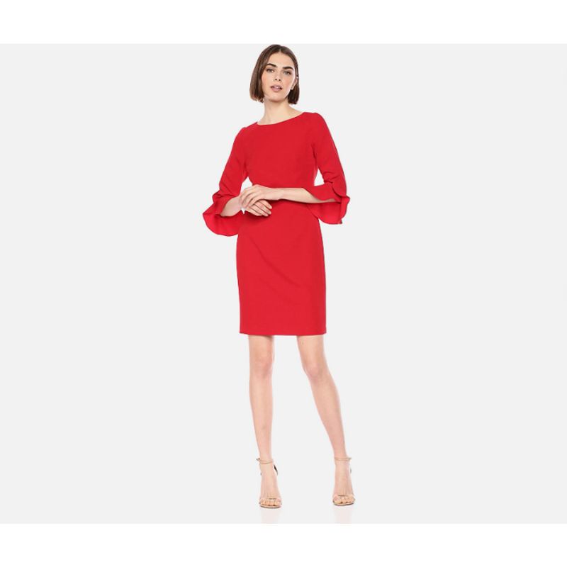 

Sunshine House Summer New Arrival Export European and American Entry Lux KL Cut Label 3/4 Sleeve Slimming Women s Wear Dress Chiffon Red Bust size 108