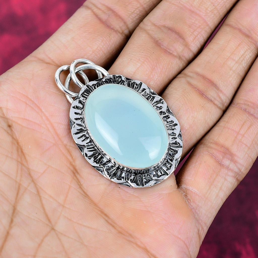 Aqua Chalcedon Silber Edelsteinschmuck, 925 Sterlingsilber Anhänger, Handgefertigter Alltagsschmuck für Frauen