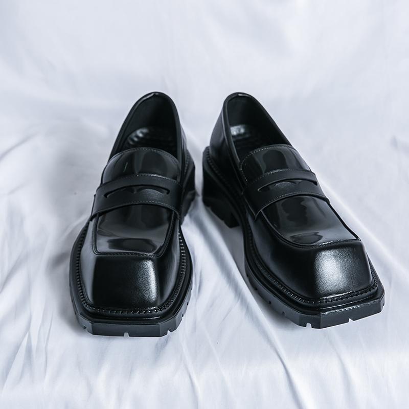 Men's Patent Leather Dress Shoes Banquet Casual Loafers Shoes Black Thick Square Head Social Shoes Slip-On Derby Shoes
