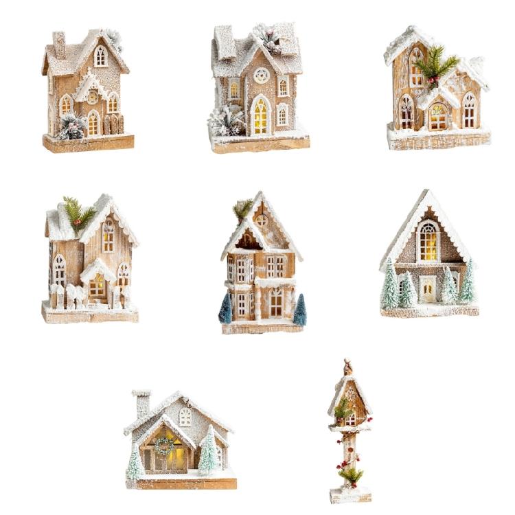 Table Display Christmas Cottage Ornament with Light Effect, Wooden Snow Cabin Decoration for Tabletop Shelf Styling