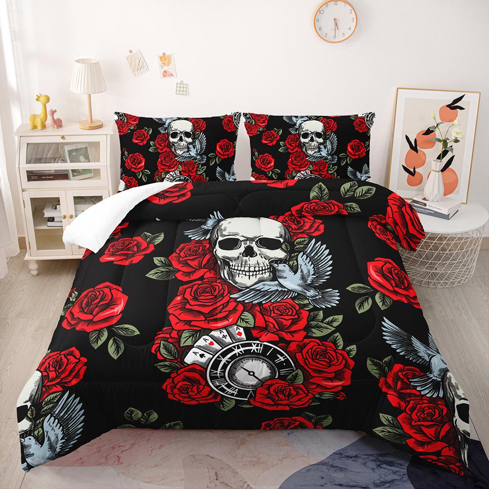 3D-Blumen-Schädelkopf-Bettwäsche-Set, Gothic-Horror-Daunen-Bettbezug, Kissenbezug, 2/3-teilig, Halloween, volle Größe, Heimtextilien, Herren-Bettbezug
