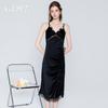 Women's Solid Satin Lace Deep V Padded Cutout Sleep Dress Lounge Set