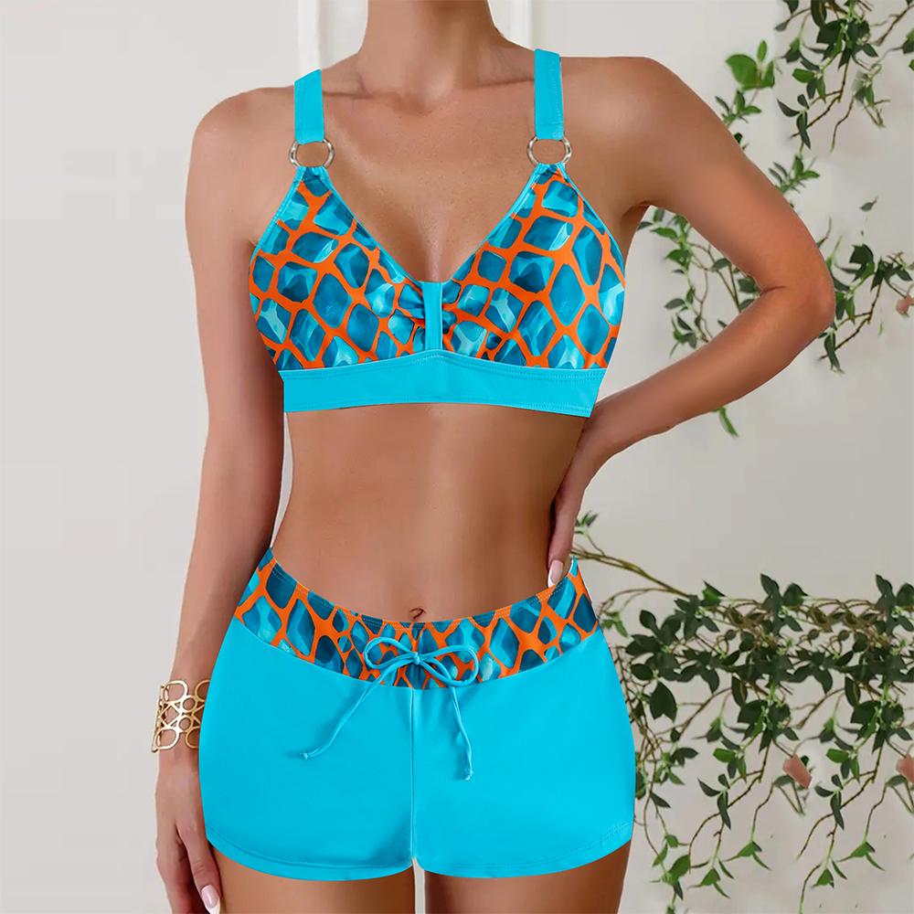 Plus Size Women Fashion Sexy Round Neck Blue Stripe Bikini Set Slim Fit Beach Swimsuits Two Piece Set