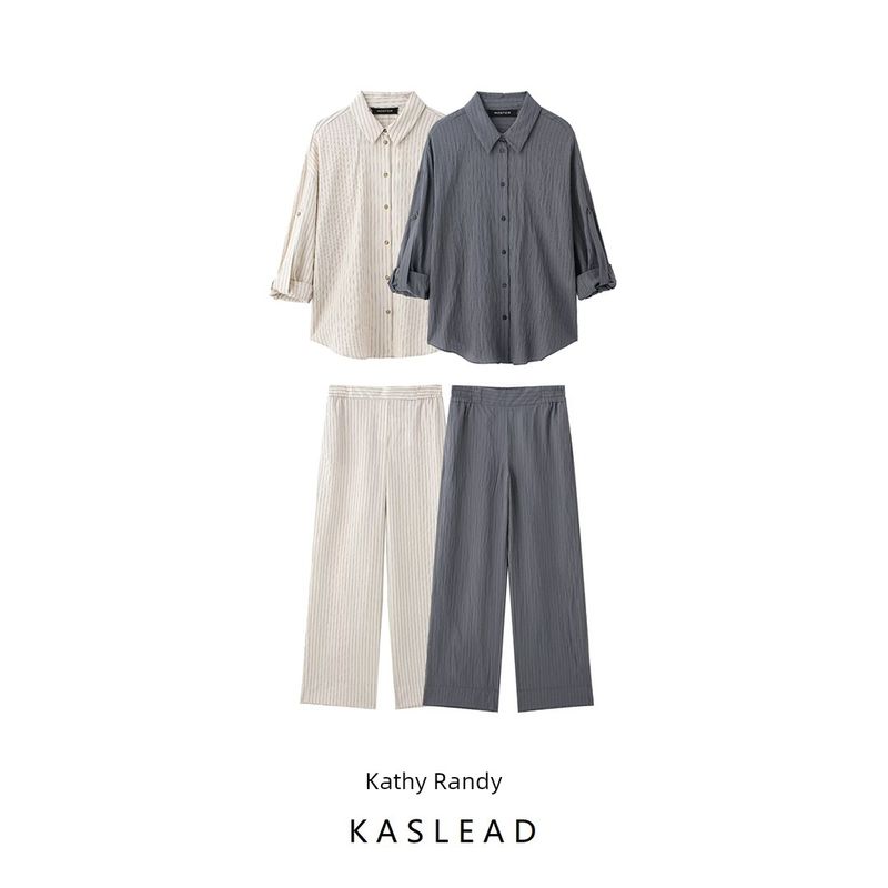Kaslead New Women Clothes Western Style Short Sleeve Stripe Shirts Casual Trousers 9064550 8277550